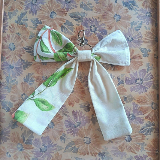 Handmade Bow Keychain - White Floral Print - Arlene Stitch