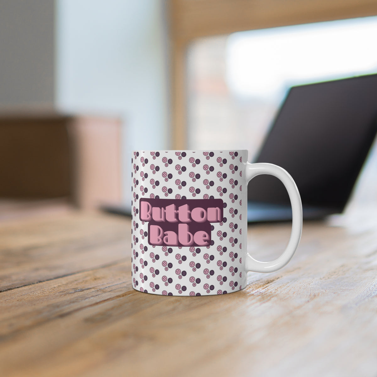 "Button Babe" Pink Retro Polka Dot Ceramic Coffee Mug (11oz & 15oz)