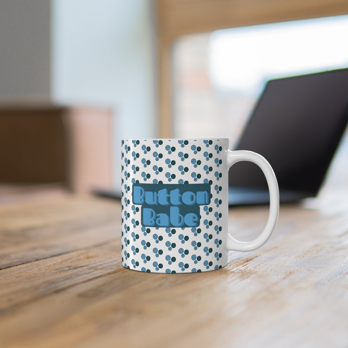 "Button Babe" Blue Retro Polka Dot Ceramic Coffee Mug (11oz & 15oz)