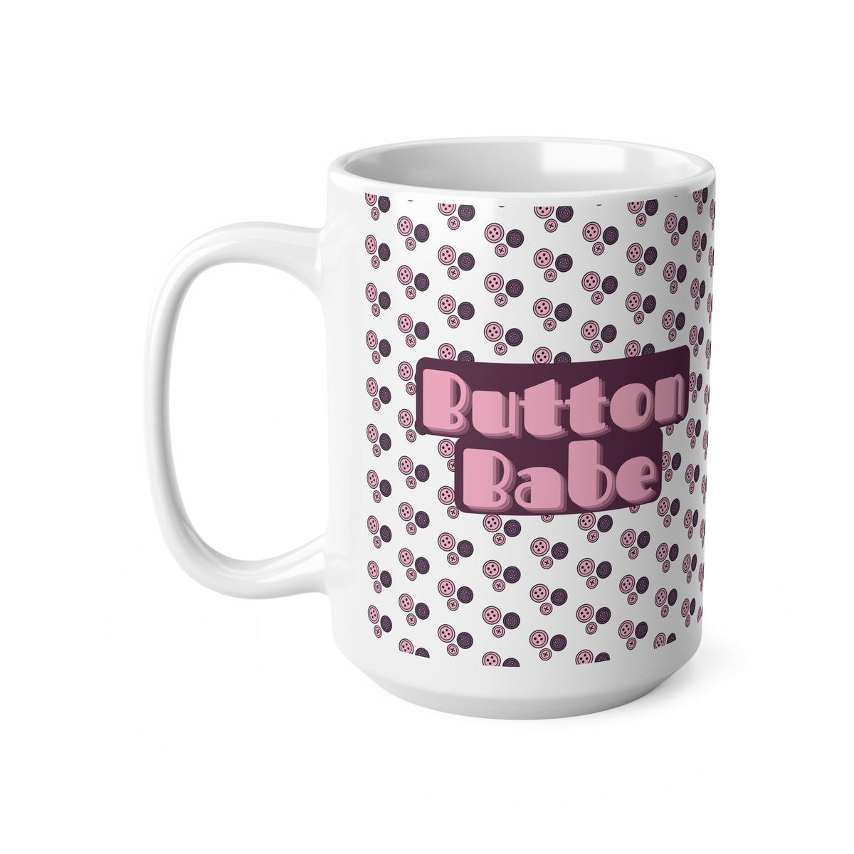 "Button Babe" Pink Retro Polka Dot Ceramic Coffee Mug (11oz & 15oz)