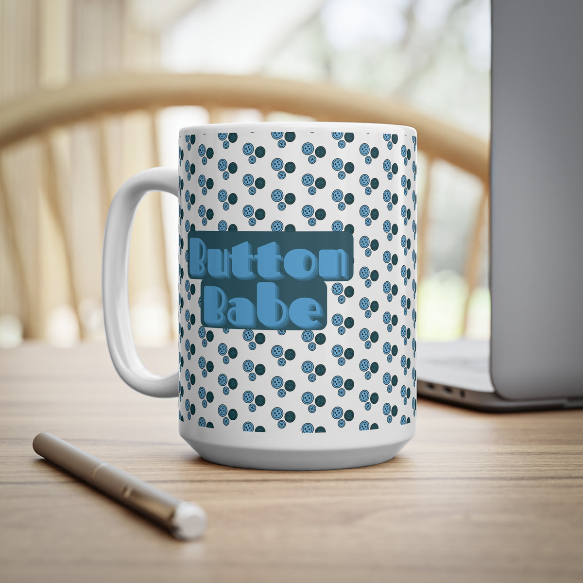 "Button Babe" Blue Retro Polka Dot Ceramic Coffee Mug (11oz & 15oz)