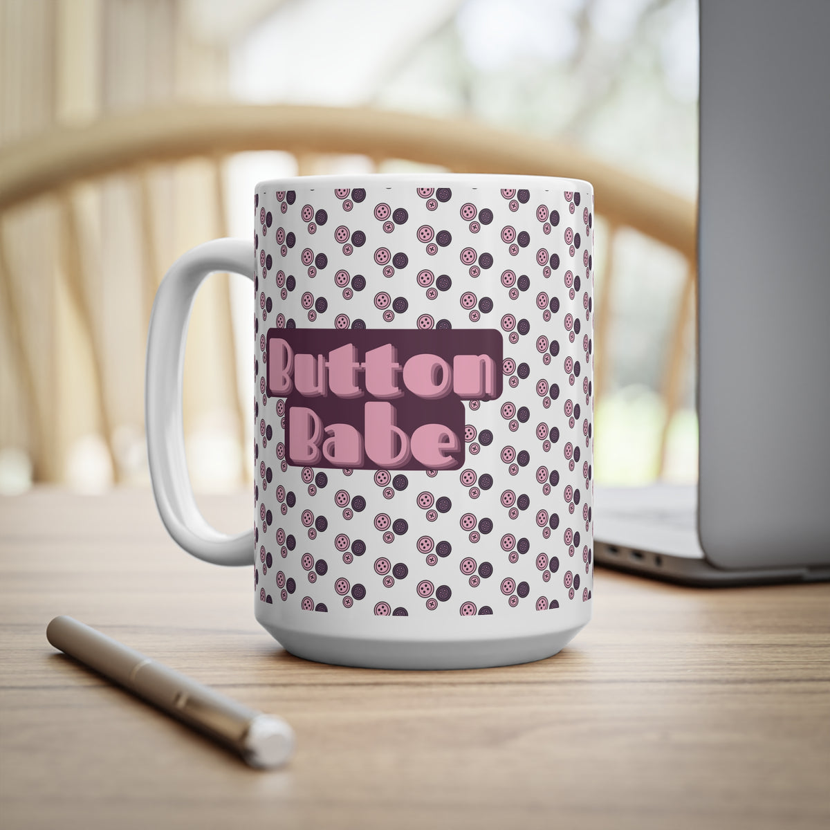 "Button Babe" Pink Retro Polka Dot Ceramic Coffee Mug (11oz & 15oz)