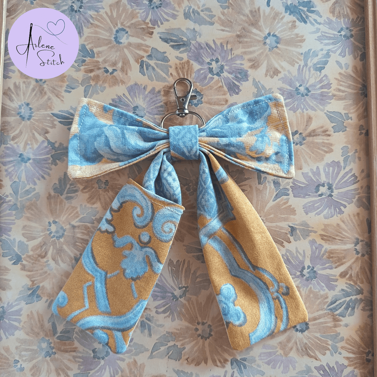 Handmade Bow Keychain - Blue Floral Print - Arlene Stitch
