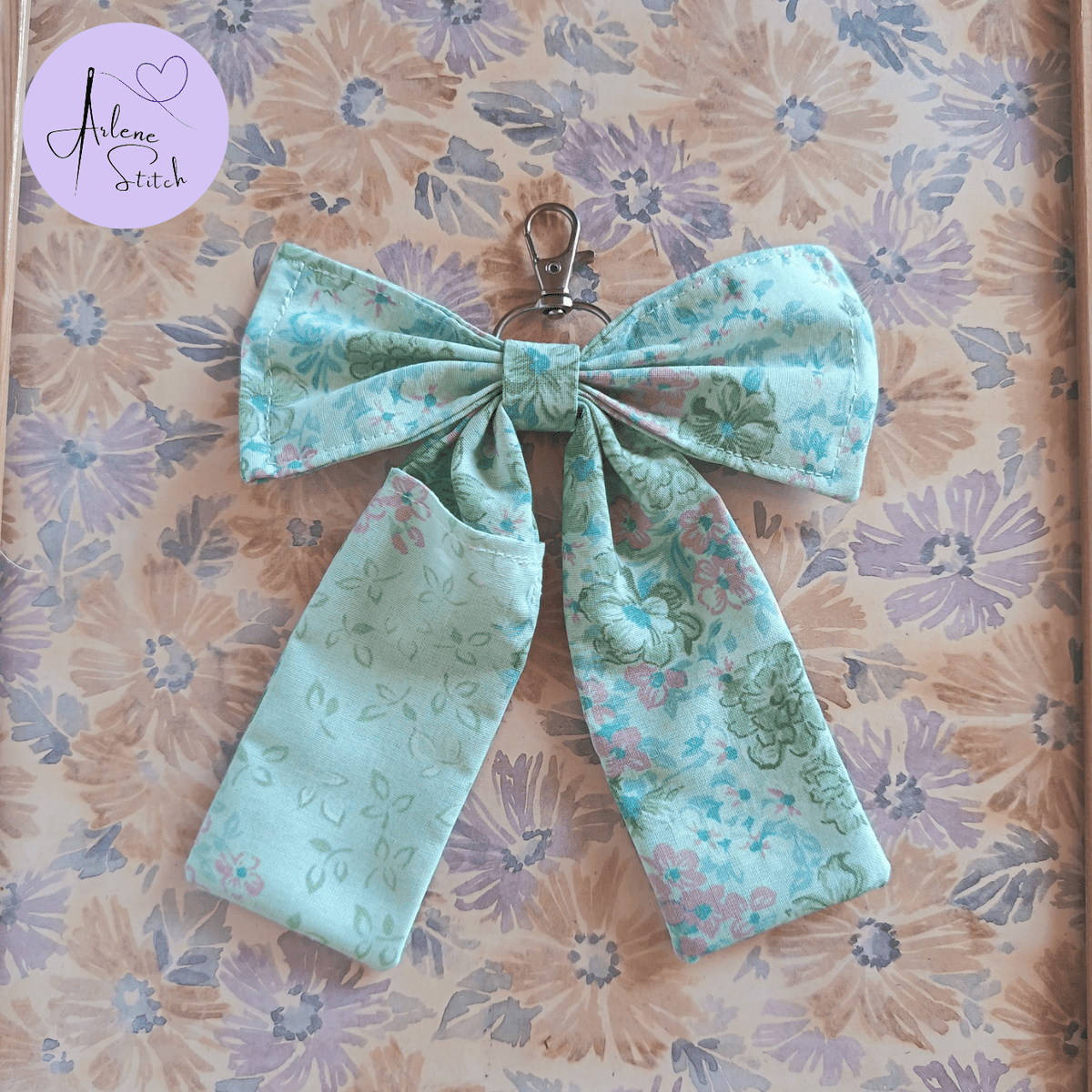 Handmade Bow Keychain - Green Floral Print D - Arlene Stitch