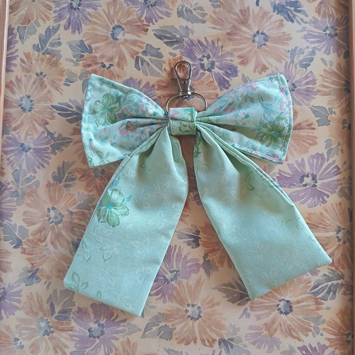 Handmade Bow Keychain - Green Floral Print C - Arlene Stitch