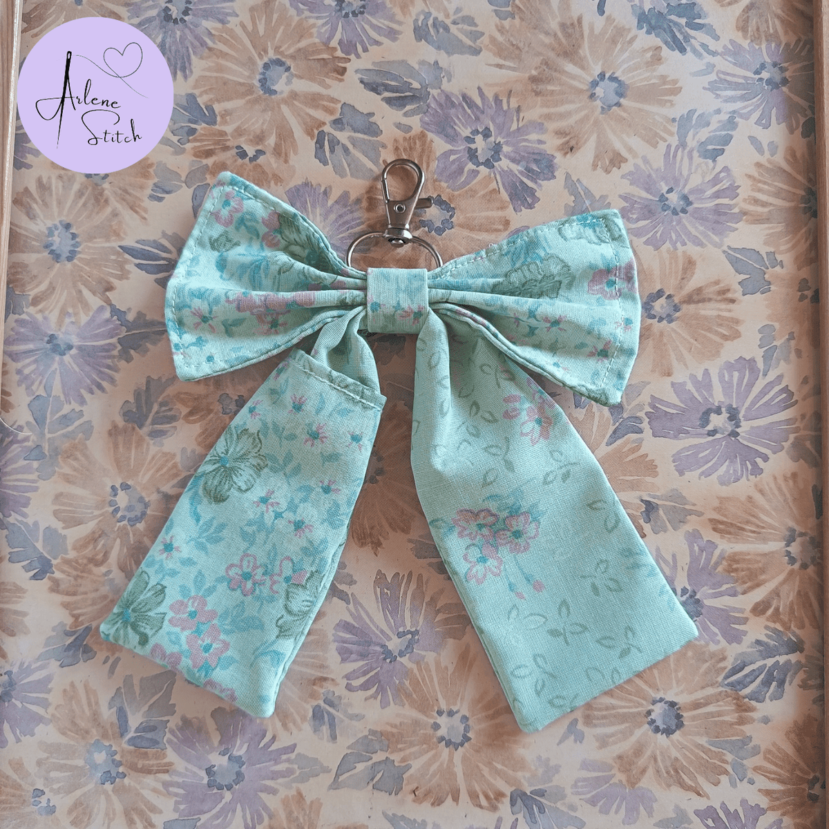 Handmade Bow Keychain - Green Floral Print C - Arlene Stitch