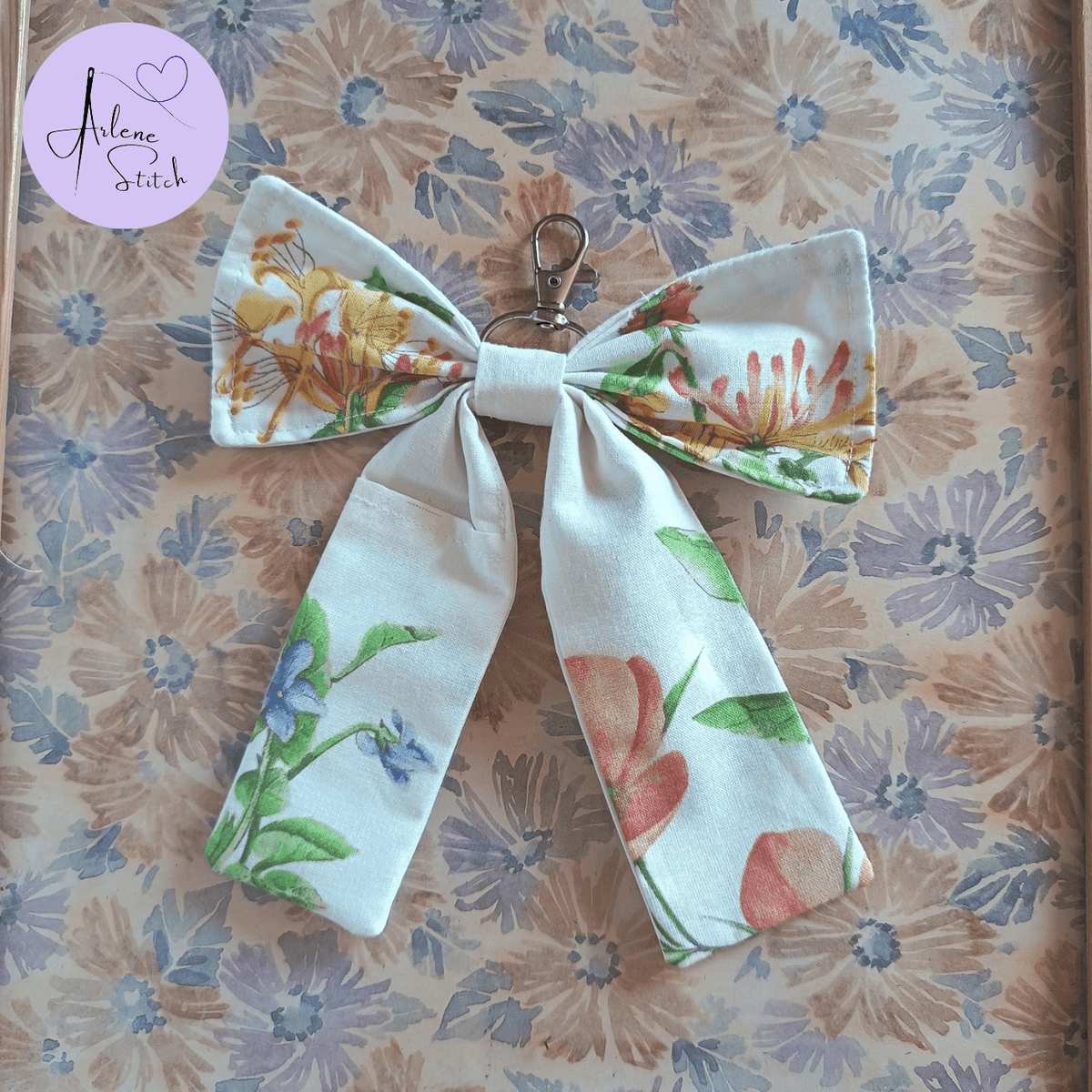 Handmade Bow Keychain - White Floral Print - Arlene Stitch
