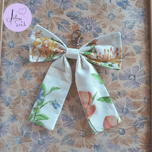 Handmade Bow Keychain - White Floral Print - Arlene Stitch