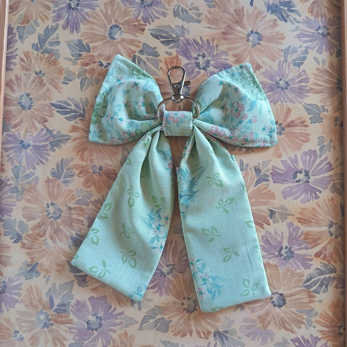 Handmade Bow Keychain - Green Floral Print D - Arlene Stitch