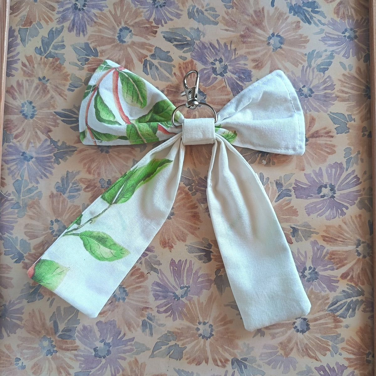 Handmade Bow Keychain - White Floral Print - Arlene Stitch