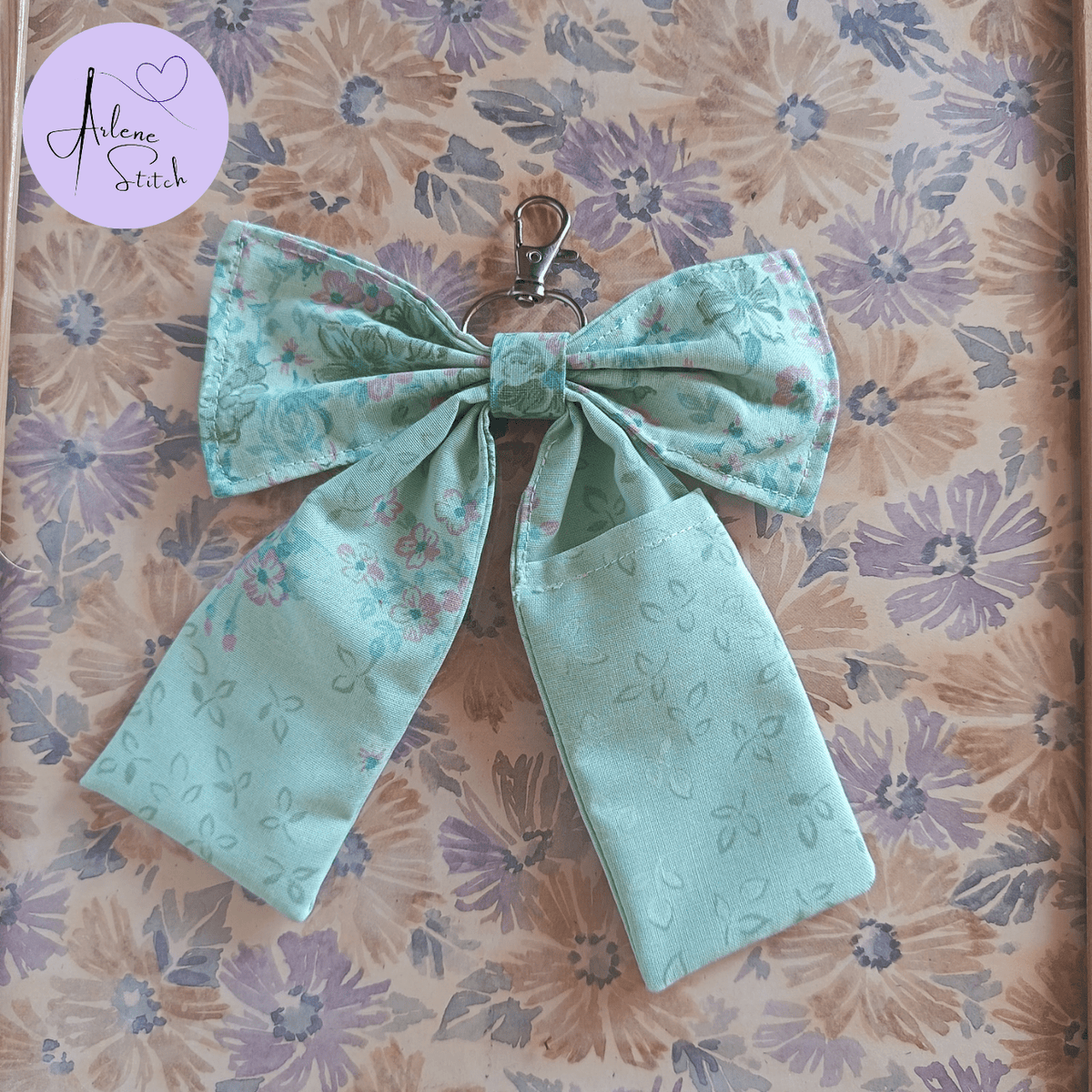Handmade Bow Keychain - Green Floral Print A - Arlene Stitch