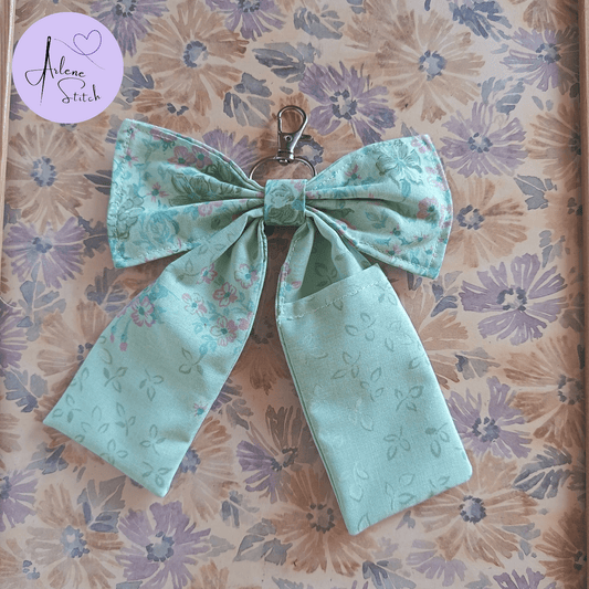 Handmade Bow Keychain - Green Floral Print A - Arlene Stitch