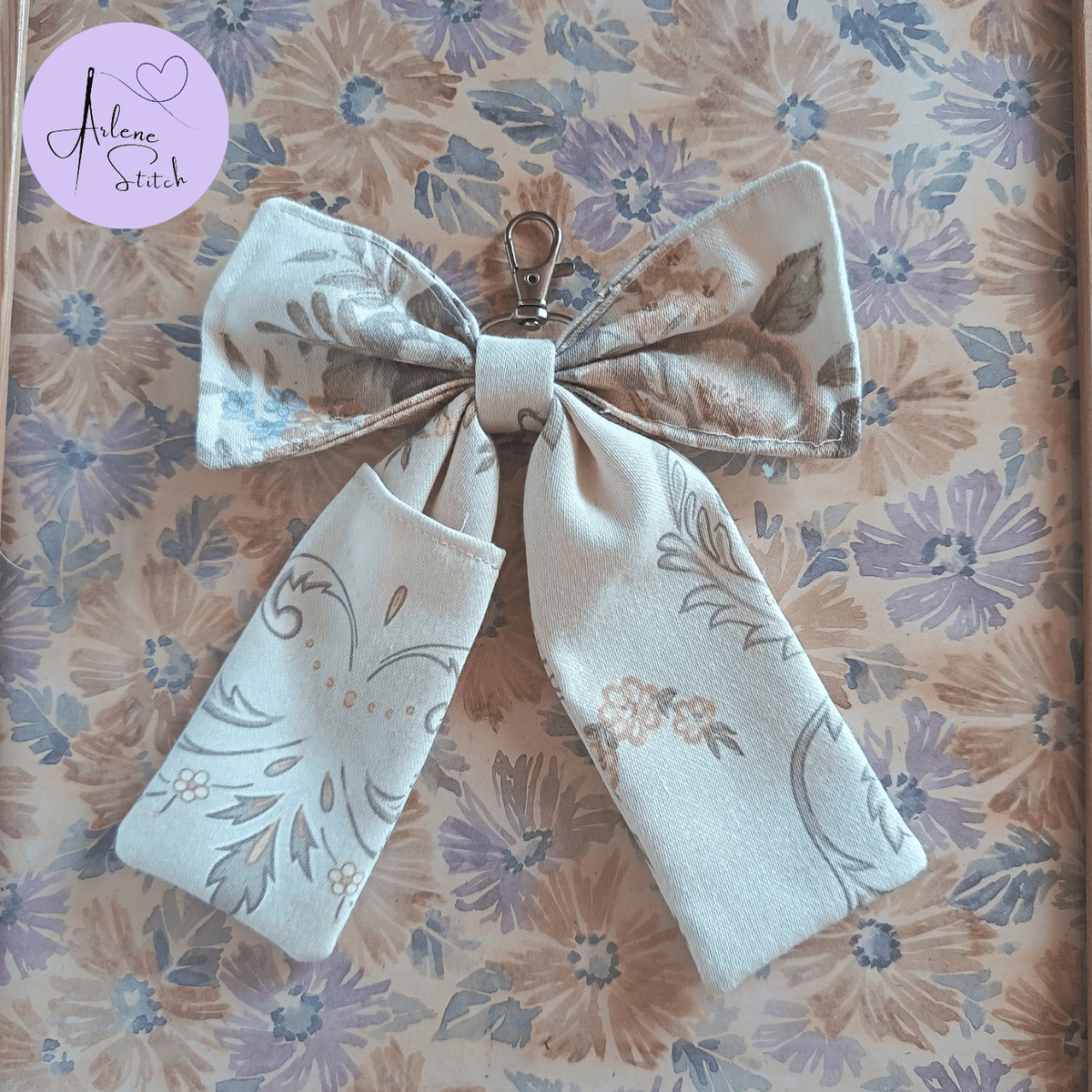 Handmade Bow Keychain - Beige Floral Print - Arlene Stitch